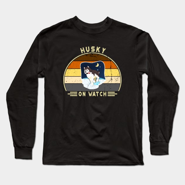 Husky On Watch. Perfect Funny Husky and Dogs Lovers Gift Idea, Distressed Retro Vintage Long Sleeve T-Shirt by VanTees